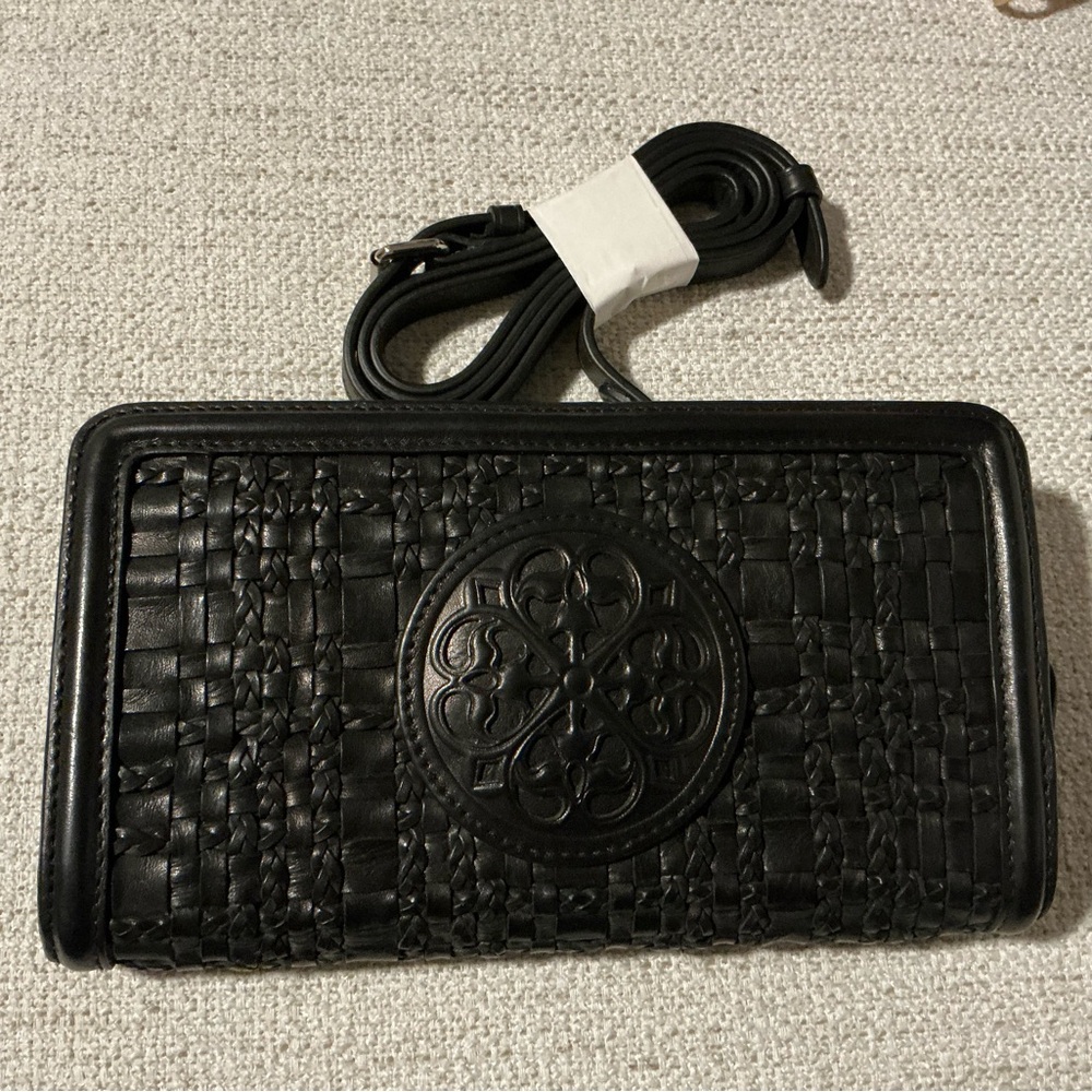 Brighton Black leather Woven Crossbody wallet